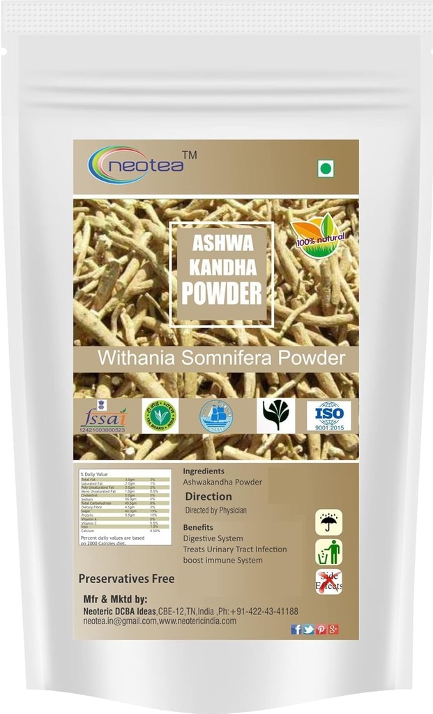 neotea Organic Ashwagandha Root Powder | 100% Pure Withania Somnifera Root | Herbal Supplement | Non-GMO, Vegan, Gluten-Free | No Additives (100 GM(3.52 OZ))