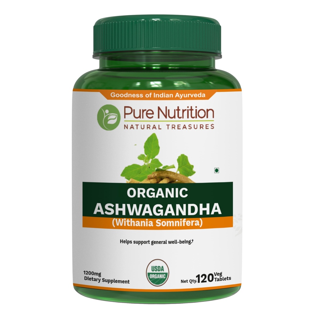 Pure Nutrition Organic Ashwagandha Tablets - 600mg | 120 Count | USDA Organic Certified | Ayurvedic Herb for Vata & Pitta Balance | Non-GMO | Gluten-Free