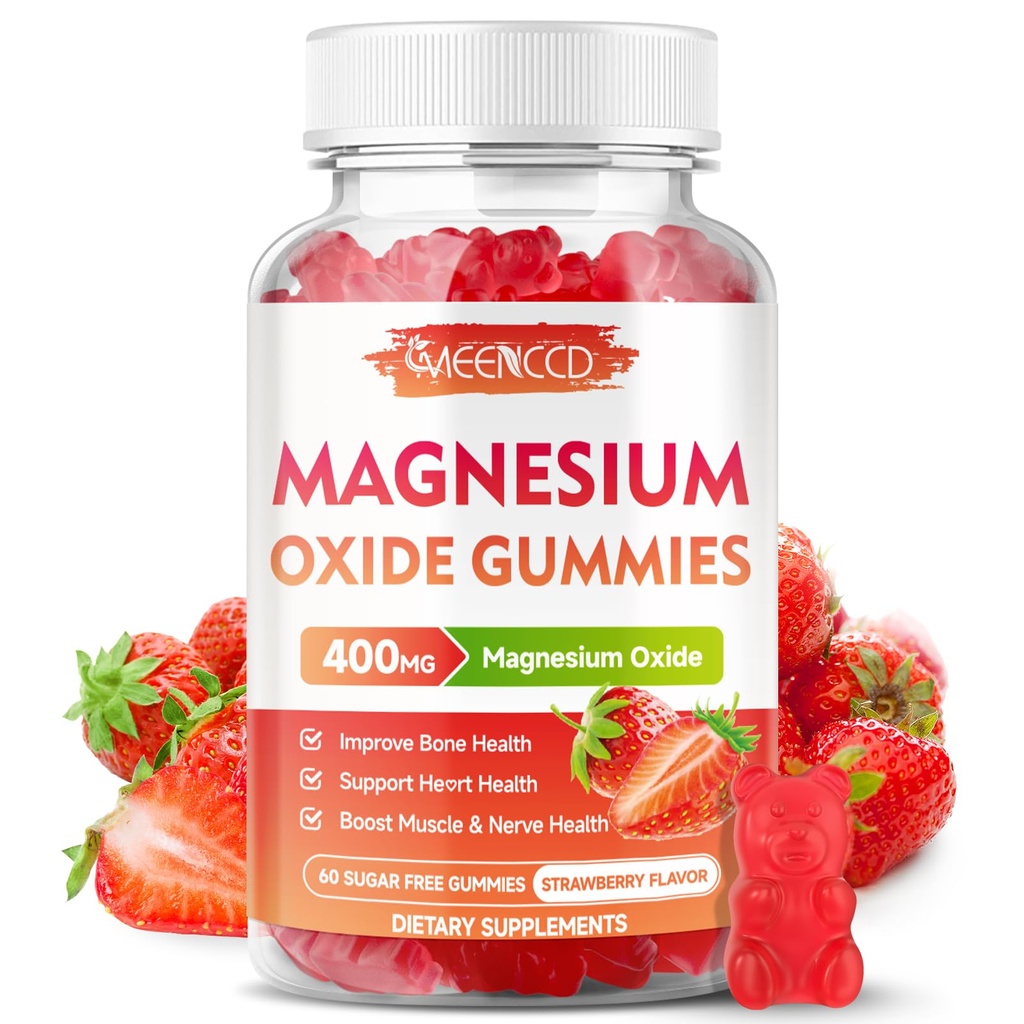 Magnesium Oxide Gummies 400mg, Chewable Magnesium Oxide Supplement for voksne & børn, Nerve & Muscle Support, Non-GMO, Sugar- Free, Strawberry Flavor, 60 Greve