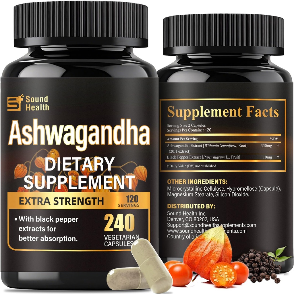 SoundHealth Organic Ashwagandha Capsules Supplements - 7000mg Herb Powder Equivalent Per, Ashwagandha Powder for Women & Man - 240 Capsules (120 Servings)