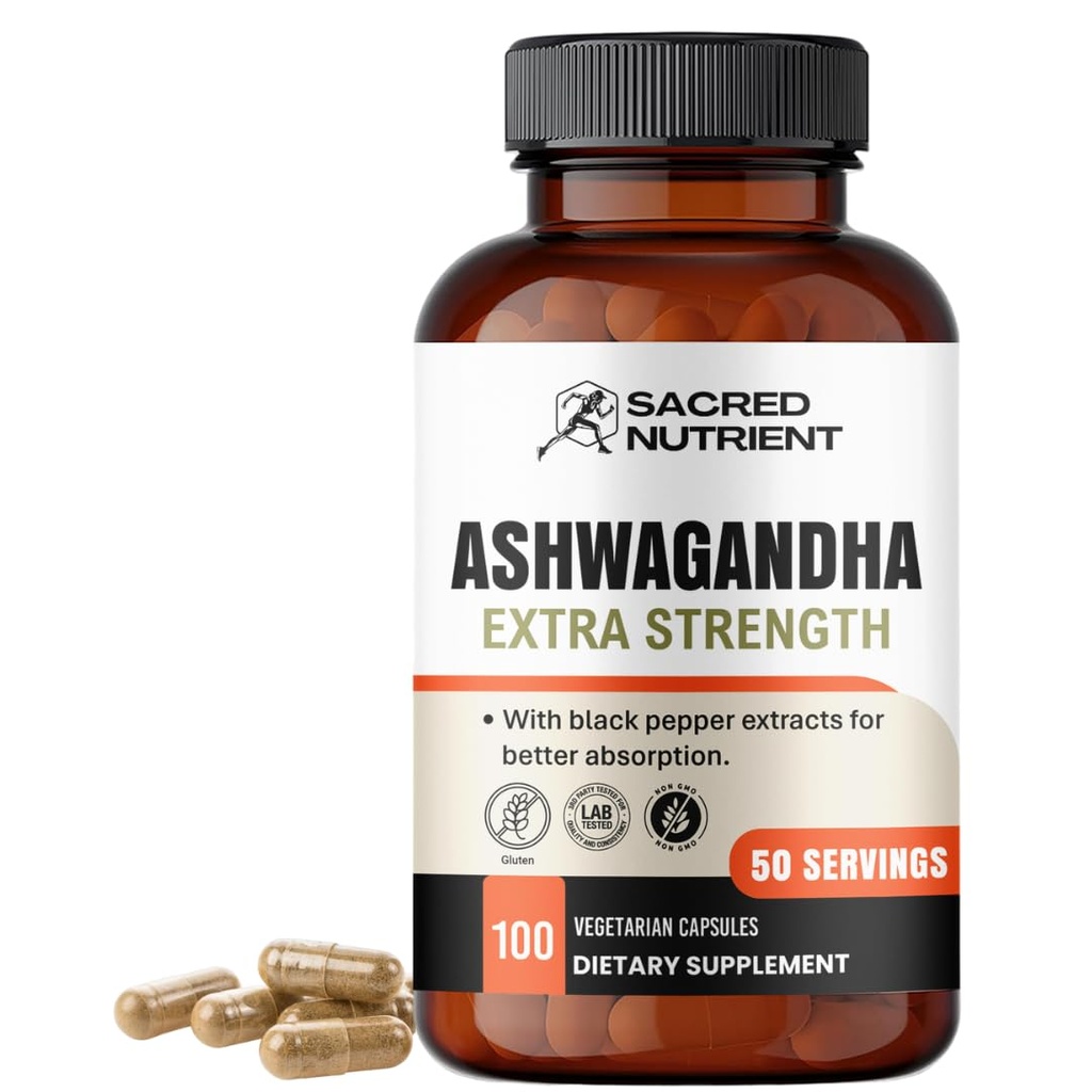 Ashwagandha Organic Extra Strength Supplement with Black Pepper for Stress & Mood Support, Energy 300mg Extract (Equivalent 3000mg Herb), 100 Capsules