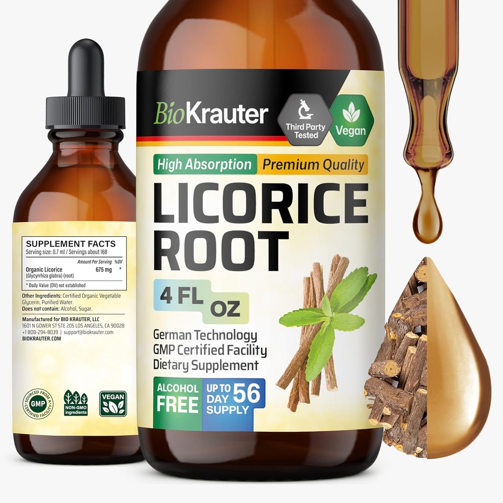 BIO KRAUTER Lakrids Root tinktur - Lakrids Root Extract til fordøjelsesstøtte - Alkohol og sukker gratis - Vegansk Drops 4 Fl.Oz.