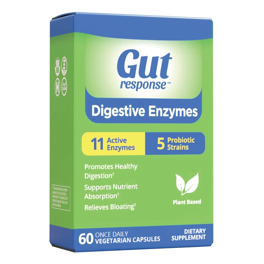 Digitale enzymer, fordøjelsesstøtte, Relieves Bloating, 5 Probiotiske Strops, 11 aktive enzymer, 60 kapsler