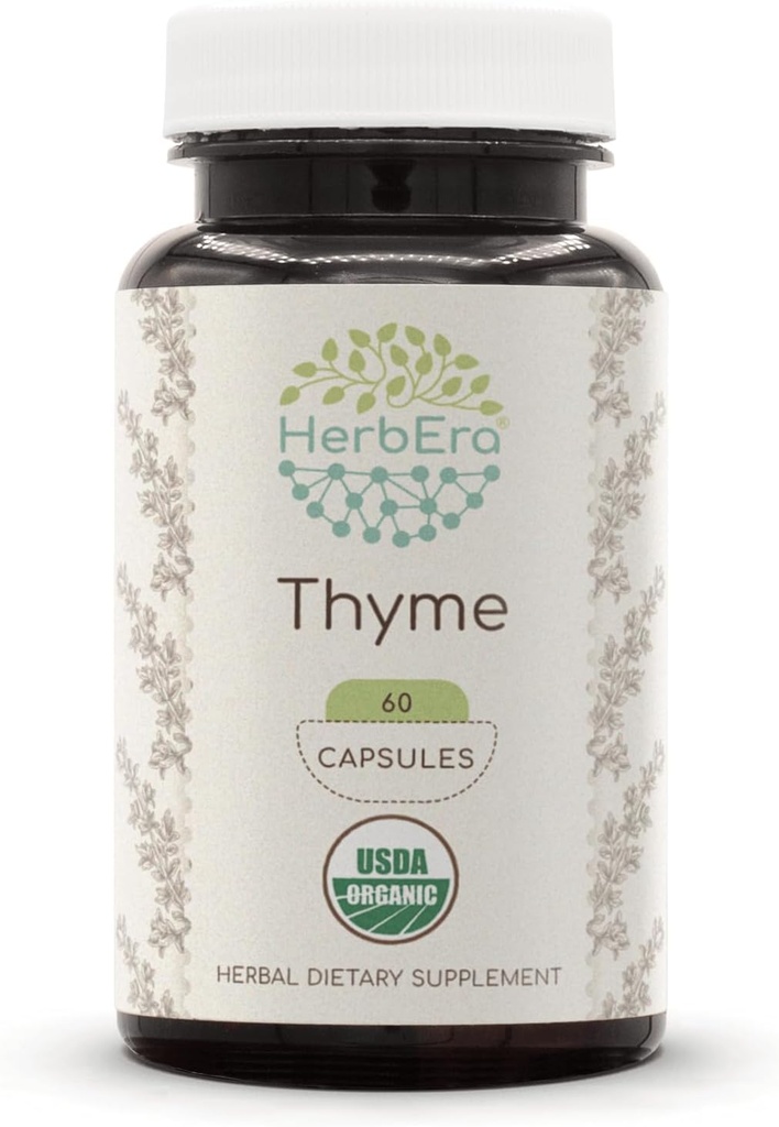 HerbEra Thyme USDA Organic 60 Capsules Measures 124; Natural Herbal Supplements 124; Certified Organic Vegetarian Capsules and Organic Thyme (Thymus Vulgaris) Tørret Leaf (60 Capsules)