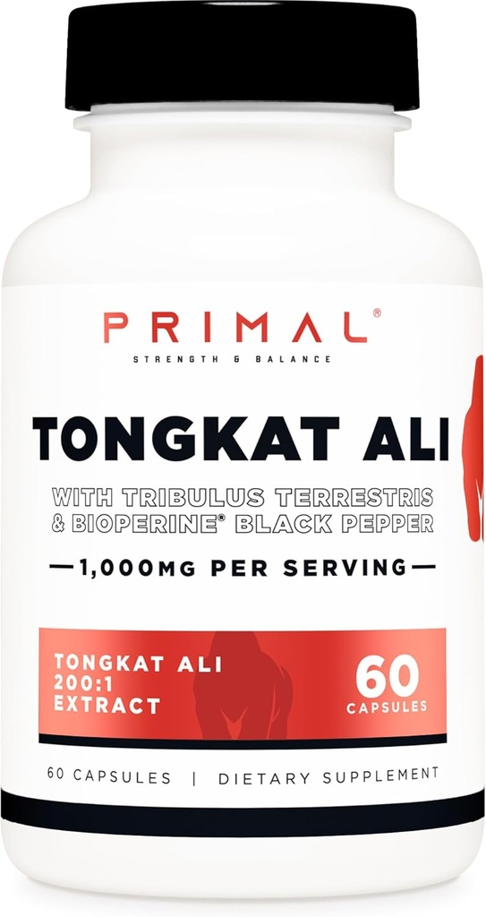 Primal Tongkat Ali Capsules (60 Capsules / 30 Servings, 1,000 mg Per Serving) - Long Jack Supplement for Men, Gluten Free, Non-GMO Herbal Nutritional Supplement