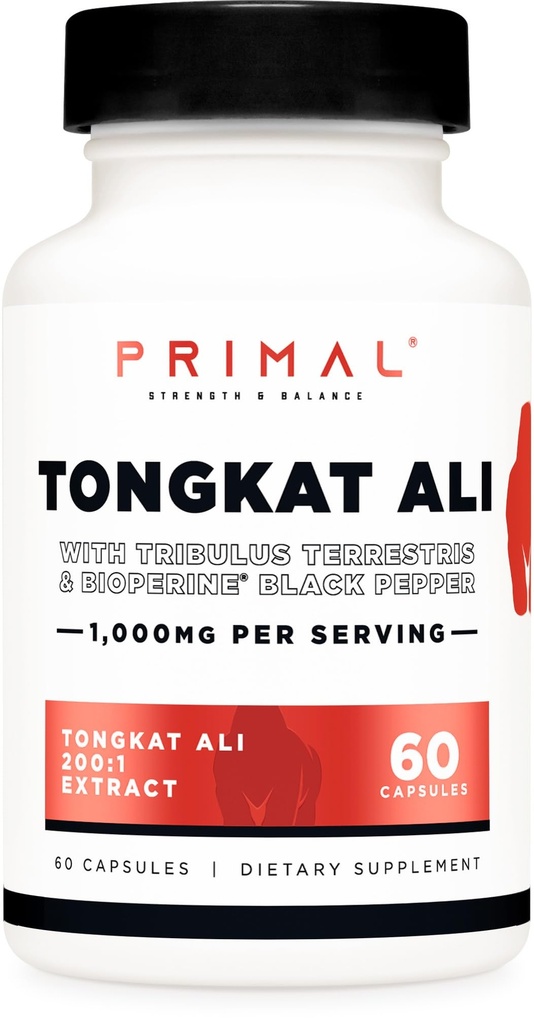 Primal tongkat Ali kapsler (60 kapsler / 30 Servering, 1000 mg per servering) - Long Jack supplement for mænd, Gluten Free, Non- GMO urtetilskud