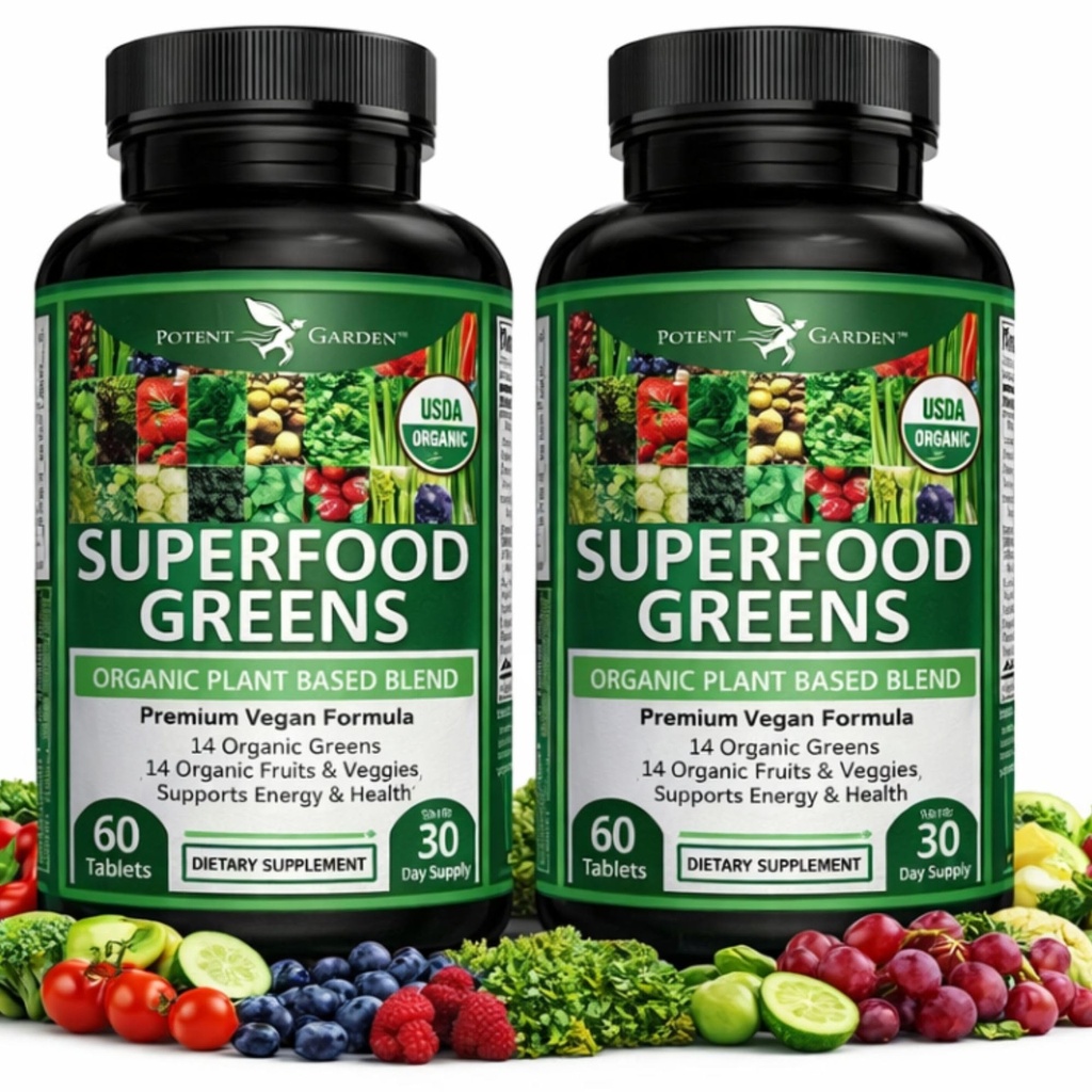 Potent have 2- Pack Økologisk Superfood Grønne, Frugt og Veggie Supplement Rich i vitaminer og antioxidanter med Alfalfa, Beet Root & Tart Cherry til Boost Energy, Immunitet & Gut Sundhed, 120 Ct