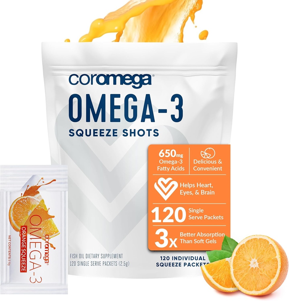 Coromega Omega 3 Fish Oil Supplement, 650mg of Omega-3s with 3X Better Absorption Than Softgels, Orange Flavor, 120 Single Serve Squeeze Packets