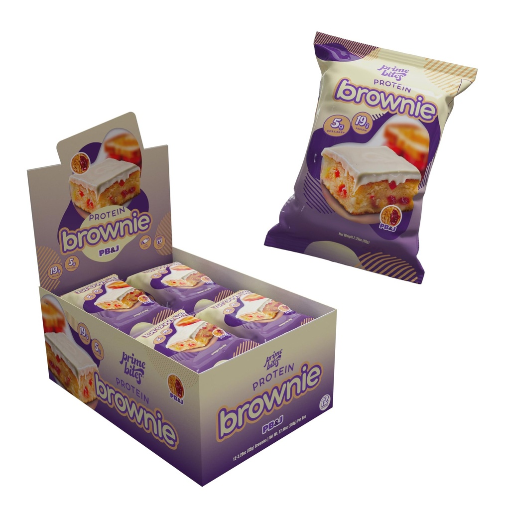 Prime Bites Protein Brownie from Alpha Prime Supplements | High Protein, Collagen Fortified Low Sugar Treat | Delicious Snack | 12 Bars per Box (Peanut Butter and Jelly)