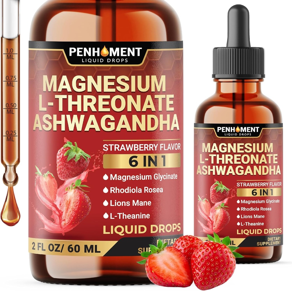6in1 Magnesium L- Threonate Liquid Drops med Ashwagandha, Magnesium Glycinate og 3 mere - Brain Support og immun - 2 Fl Oz til 30 dage - Strawberry Flavor