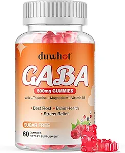 GABA Gummies 500 mg til Cortisol Balance, Stress Relief Gummies for voksne søvn, hjerne, immunforsvar, GABA tyggetabletter Supplement med L- Theanine & Magnesium & vitamin B6, sukker fri, Vegan, 60