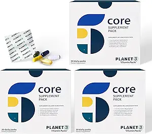 Planet 3 Vitamin pakker, Daglige vitaminer til både mænd og kvinder, Energi, Immun & Heart Support Dex124; Multivitamin, D-vitamin, Omega 3, Probiotika, Biotin, B12 & mere; Core Supplements