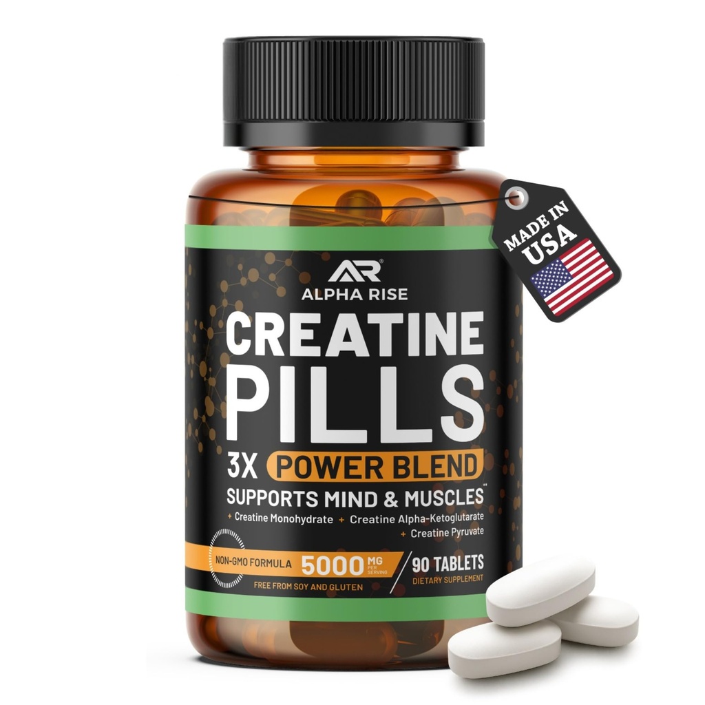 Creatine Pills for Men | 90 Tablets | High Dose 5g Daily | 3X Power Blend - Monohydrate, AKG & Pyruvate | No Powder | Non-GMO