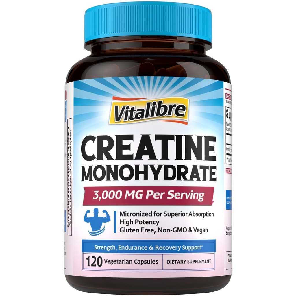 Vitalibre Creatine Monohydrate 3000 mg, Micronized, Increased Strength, Enhanced Endurance, Cellular Energy & Cognitive Function Support, Non-GMO, No Bloating, High Absorption, 120 Capsules