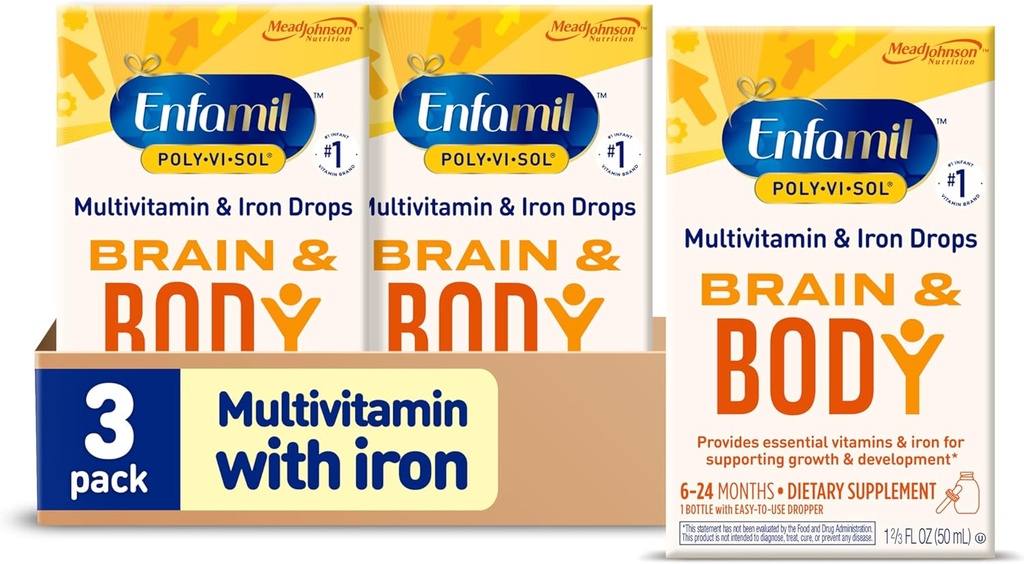 Enfamil Poly- Vi- Sol med Iron Liquid Multivitamin Drops, understøtter vækst og udvikling *, 50ml flaske (pakke med 3)