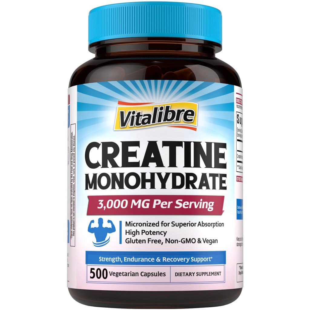 Vitalibre Creatine Monohydrate 3000 mg, Micronized, Increased Strength, Enhanced Endurance, Cellular Energy & Cognitive Function Support, Non-GMO, No Bloating, High Absorption, 500 Capsules