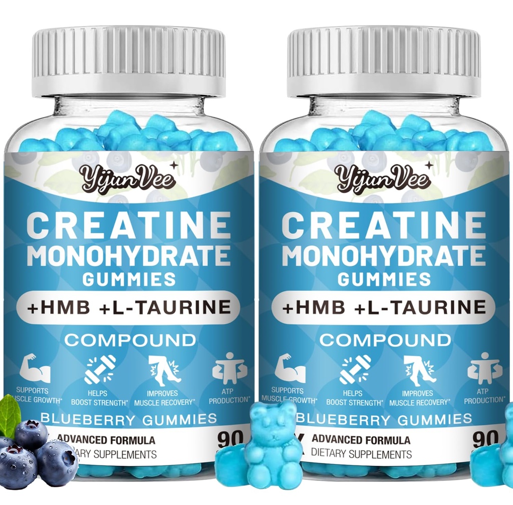 8000MG Creatine HMB Monohydrate Gummies for Men & Women - L-Carnitine,L-Taurine & Vitamin B6 12,10X Absorption,8 Gram of Creatine Monohydrate per Serving, Blueberry Flavor Gummy,180 Counts
