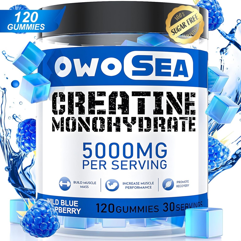 Kreatin monohydrat Gummier for mænd og kvinder 5000mg Creatin monohydrat per servering for muskelstøtte energi Boost 120 Grev tyggetablet 5g Creatin supplement sukker fri Vegan (1 pakke, Blå Hindbær)