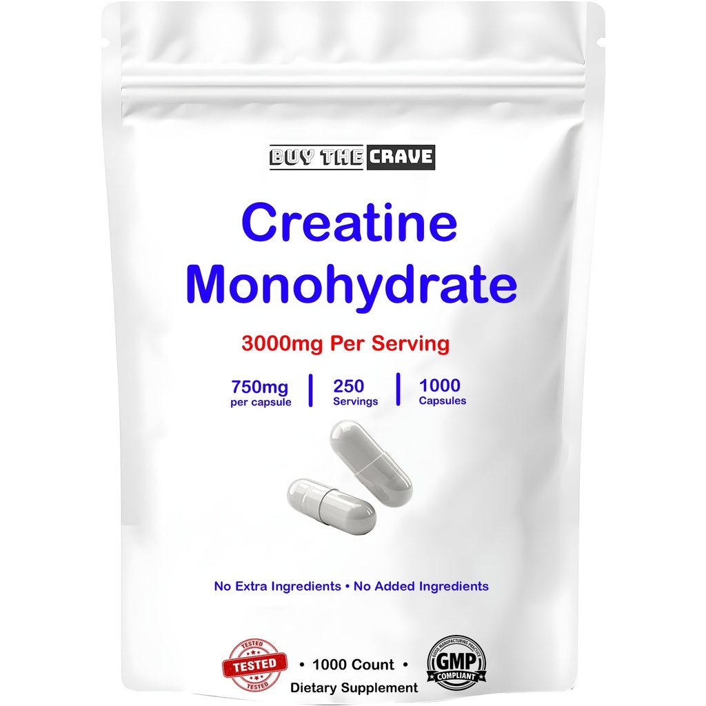 Micronized Creatine Monohydrate 1000 Capsules, 250 Servings, 750mg of Creatine Monohydrate Per Capsule, 3000mg Per Serving