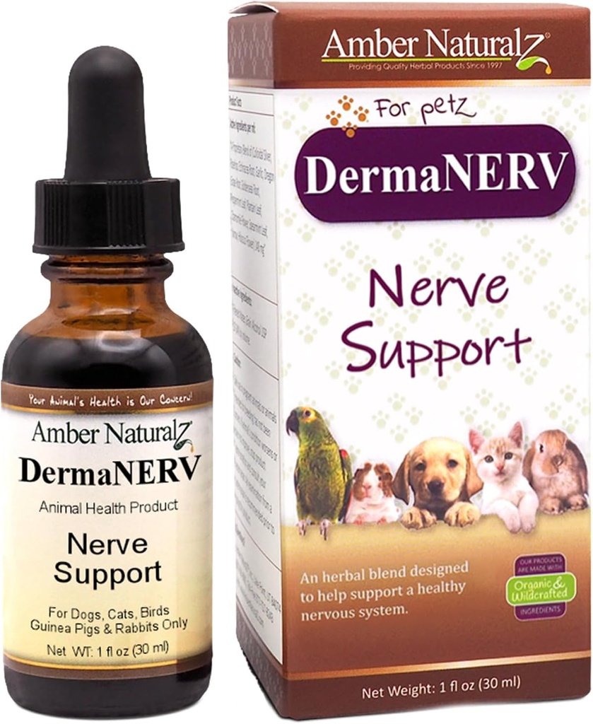 Amber NaturalZ DermaNERV Herbal supplement til hunde, katte, fugle, kaniner, og Guinea svin szág 124; Understøtter centrale nervesystem sundhed & Balanceret Opførsel 124; Naturlig støtte til sunde nerve funktioner