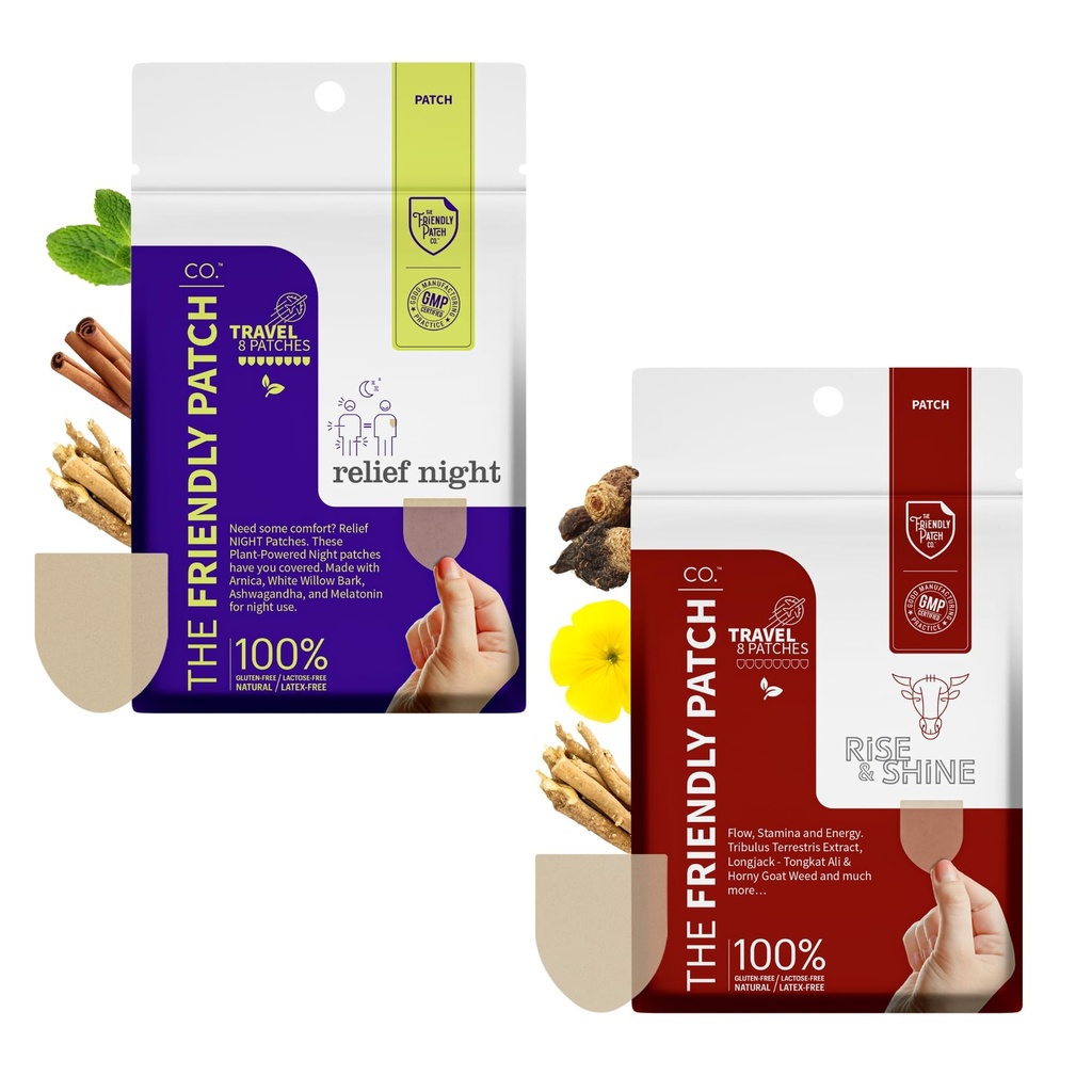 Relief Night & Rise & Shine Patch Bundle - Arnica, Melatonin, Tongkat Ali, Ashwagandha, Horny Goat Weed & Saffron for Sleep, Soreness, Strength & Performance - 16 Plant-Powered Patches for Men and Wom
