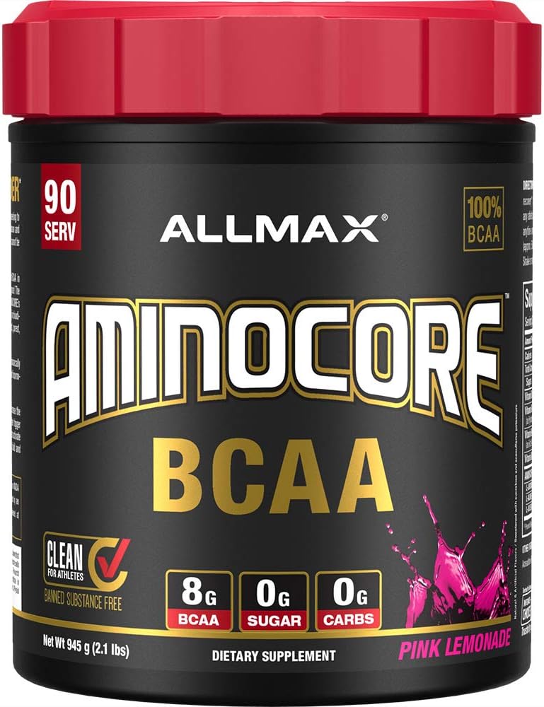 ALLMAX Nutrition AMINOCORE BCAA, Pink Lemonade - 945 g Pulver - 8.18 Gramer af forgrenet kæde Aminsyre Per servering - med B Vitaminer - Ingen Fillers eller Non- BCAA Aminos - Sukker Free - 90 Servering
