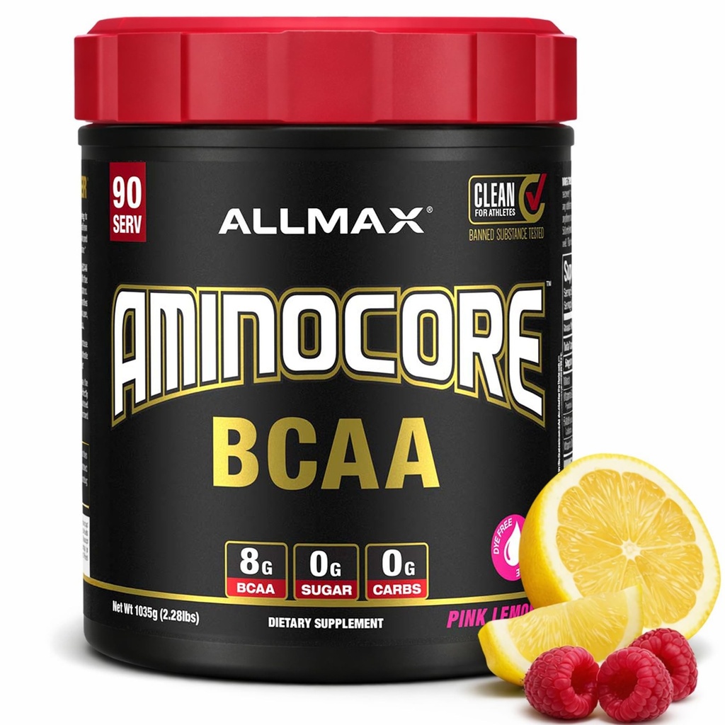 ALLMAX Nutrition AMINOCORE BCAA, Pink Lemonade - 945 g Pulver - 8.18 Gramer af forgrenet kæde Aminsyre Per servering - med B Vitaminer - Ingen Fillers eller Non- BCAA Aminos - Sukker Free - 90 Servering