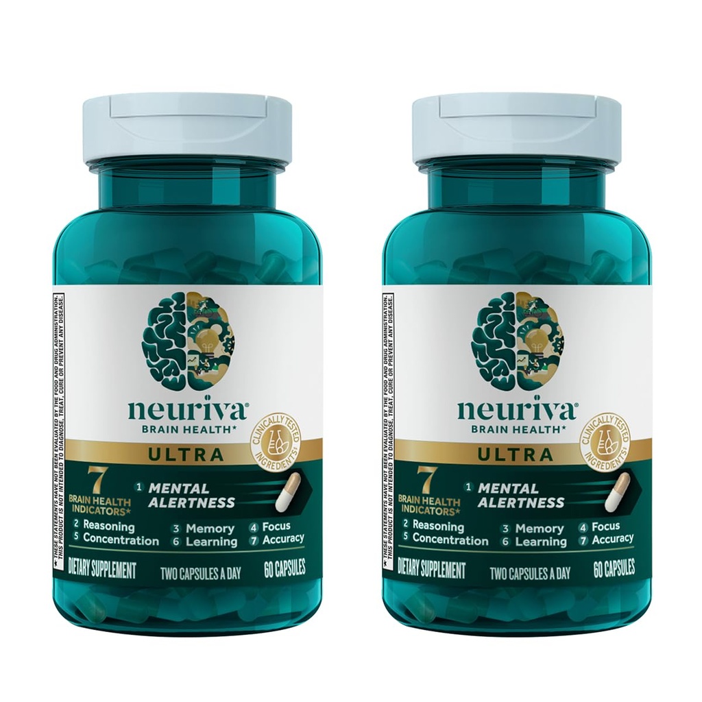 NEURIVA Ultra Brain Supplement for Mental Alerness, Hukommelse, Focus & Koncentration med klinisk testet Cognivive, Neurofaktor, Phosphatidylserin, Vitamin B6 & B12, 60 Count Capsules (2 Pack)