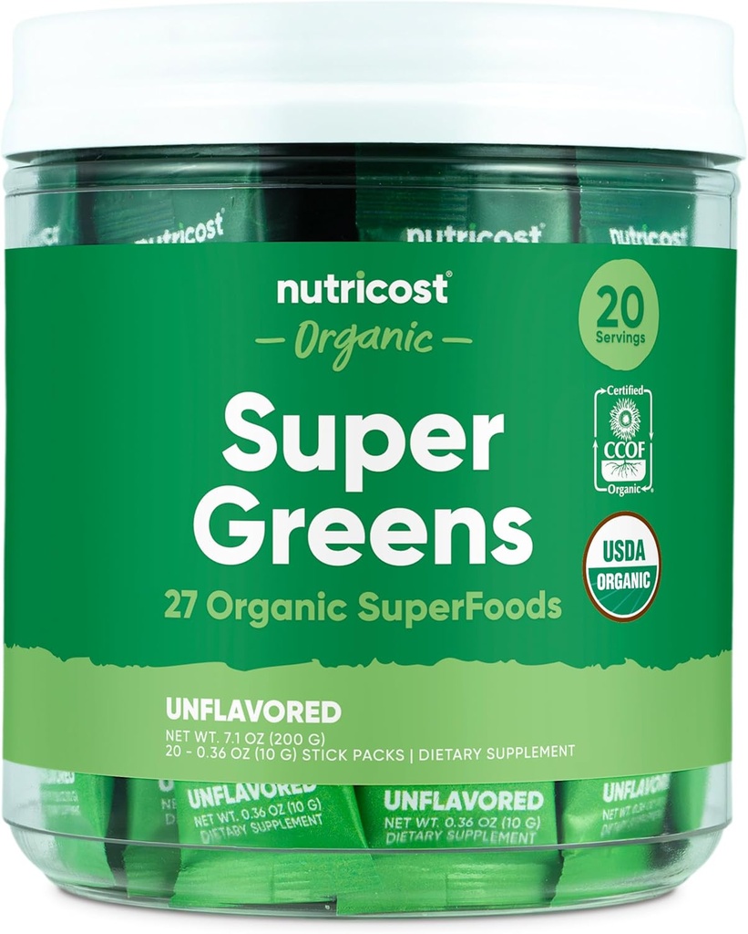 Nutricost Organic Super Green (Unflavored) 20 Stickpacks - Gluten- Free, Non- GMO