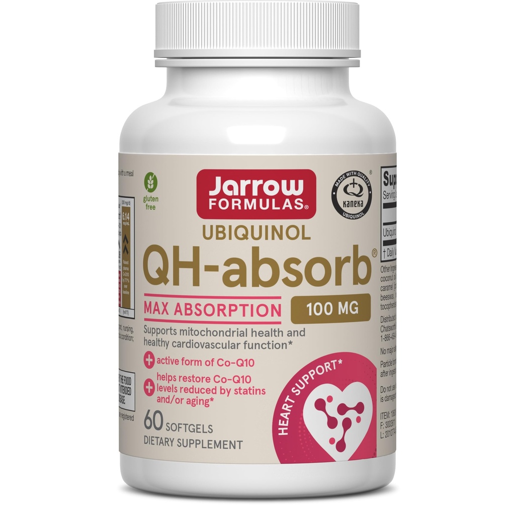 Jarrow Formulas QH- Absorb, 100 mg, Ubiquinol Kosttilskud til sund kardiovaskulær funktion, 60 Softgels, 60 Day Supply