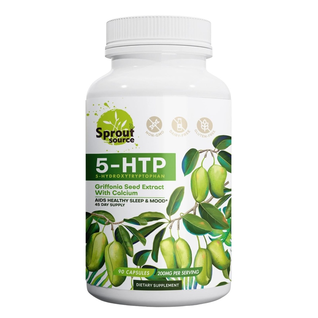 5- HTP supplement 200mg, understøtter sund søvn & mad med calcium - ikke-GMO, Gluten- fri - 90 kapsler