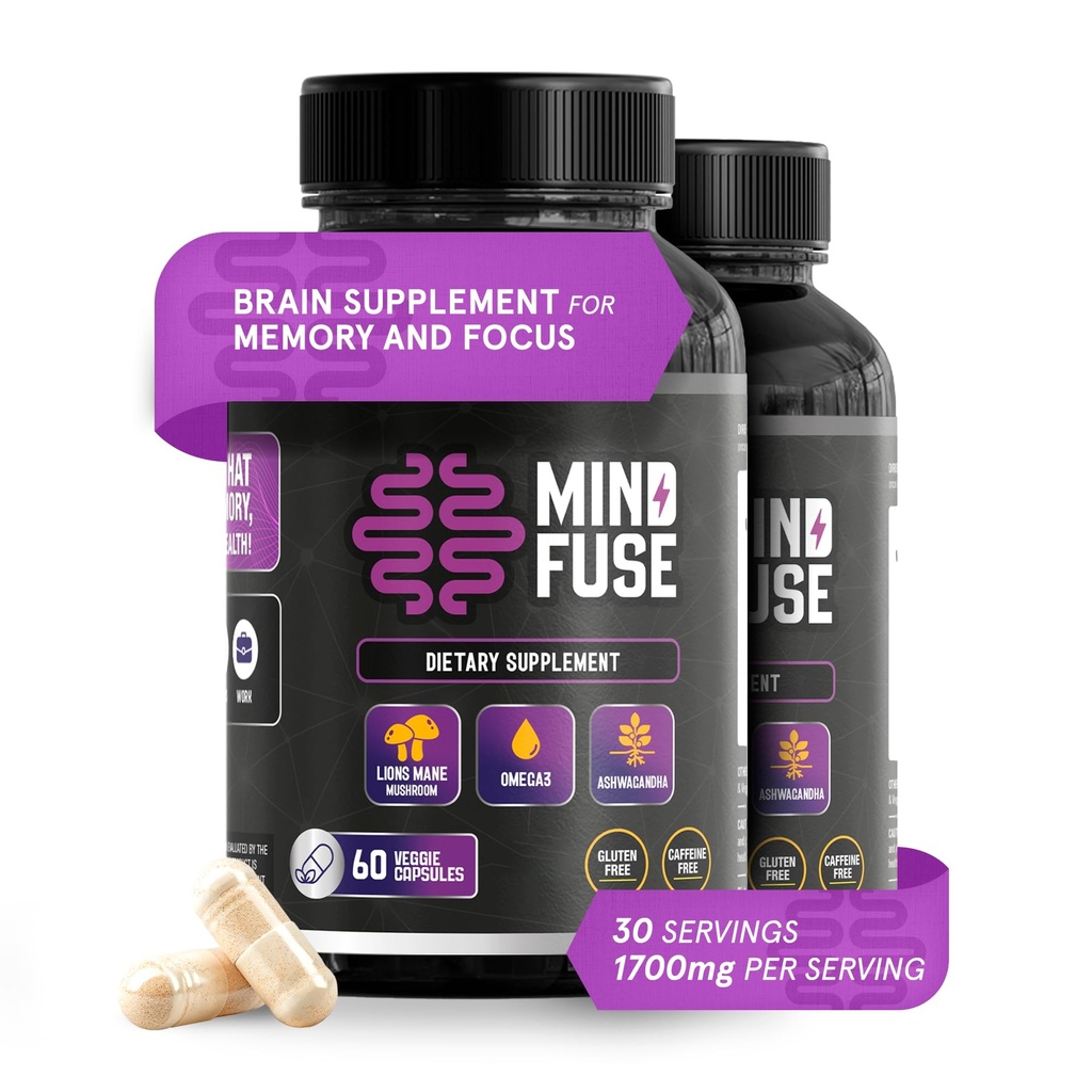 (2 Pack) - Nootropic Memory Booster Supplement for Adults - Lion’s Mane Capsules with Omega-3, Ashwagandha & L-Theanine for Focus & Memory - Gluten-Free 120 Capsules