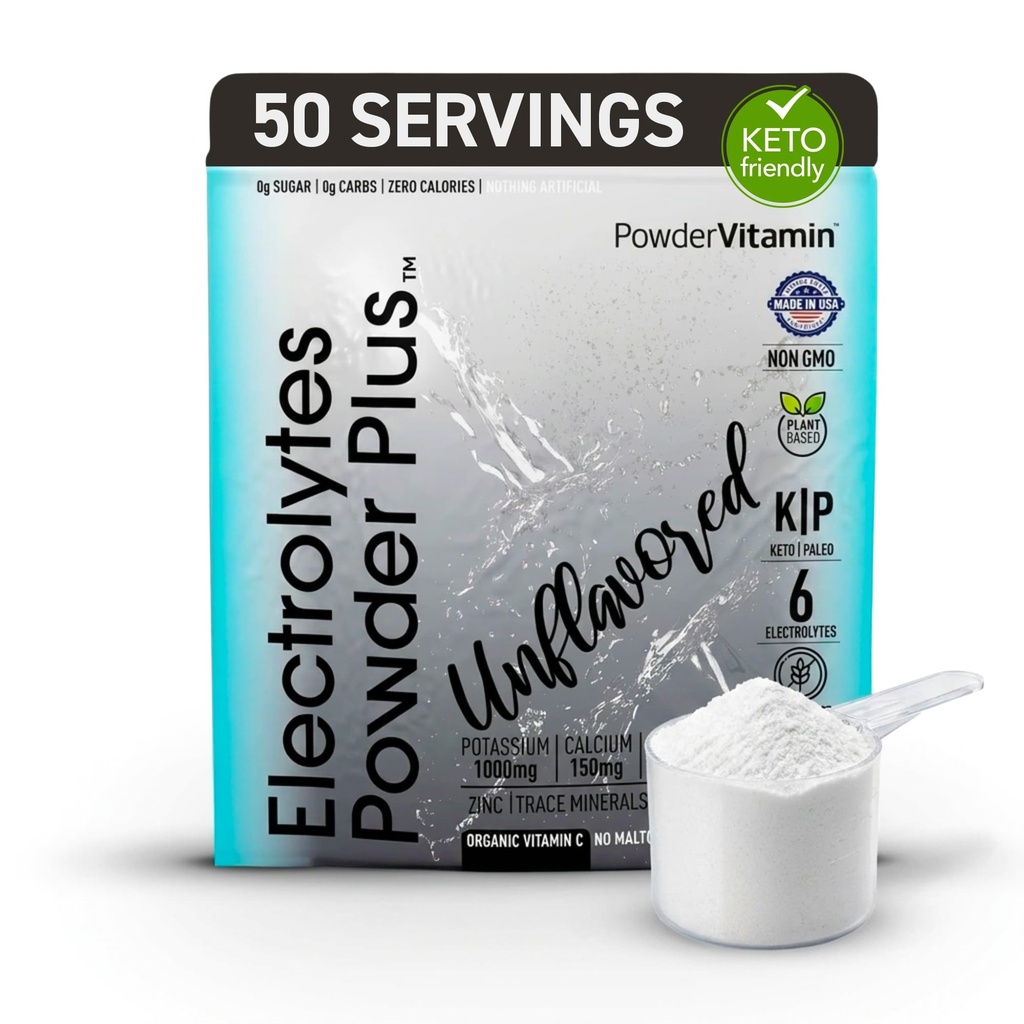 PowderVitamin Electrolytes Powder Plus (50 Servere) Unflavored Electrolyte Powder Keto, Sugar Free, Pink Himalayan Salt., 1000mg Kalium, 150mg Calcium, 150mg Magnesium, NO Stevia