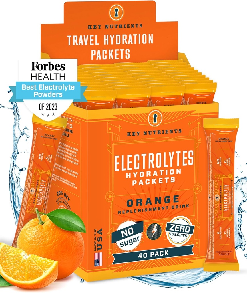 KEY NETRIENSER Electrolytes Powder Packets - Tangy Orange 40 Pack Hydration Packets - Travel Hydration Powder - Ingen sukker, Ingen kalorier, Gluten Free - Made in USA