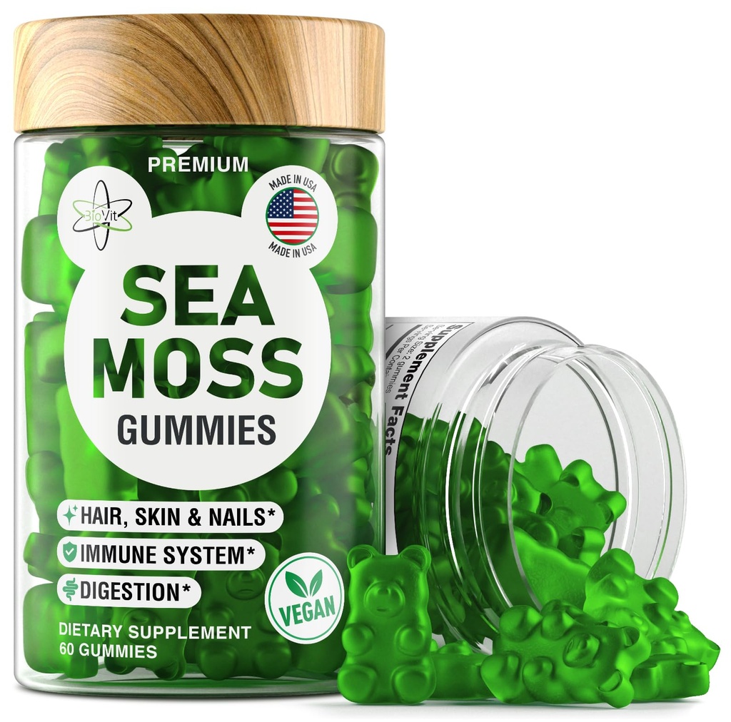 BioVit Sea Moss Gummies - Frembygget Irish Sea Moss for voksne & Børn - Seamoss Gel med Bladderwrack & Burdock Root Extract - 60 Vegansk Gummies