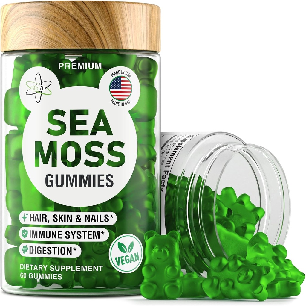 BioVit Sea Moss Gummies - Frembygget Irish Sea Moss for voksne & Børn - Seamoss Gel med Bladderwrack & Burdock Root Extract - 60 Vegansk Gummies