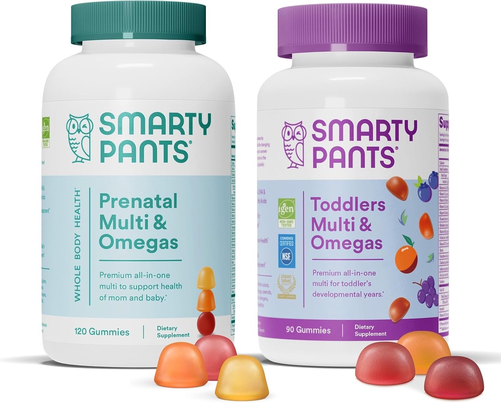 SmartyPants Prenatal og Toddler Multivitamin Gummies Bundle: Omega 3 Fish Oil (EPA / DHA), Biotin, Methylfolat, Vitamin D3, C, vitamin B12, B6, A, K & Zink til immunforsvar (30 dages forsyning)