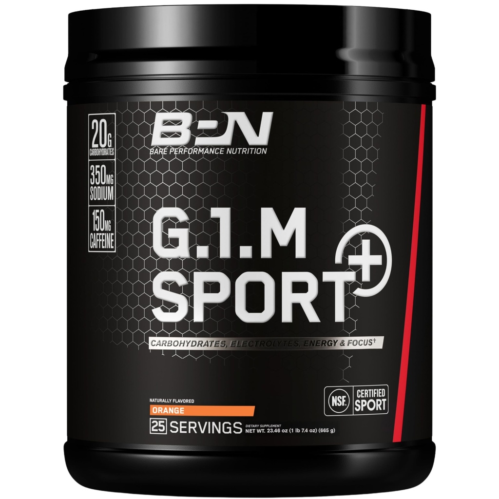 BARE PERFORMANCE NUTRITION G.1.M Sport+ Endurance Pre-Workout – Orange | 25 Servings | 20g Carbs, 350mg Sodium, 150mg Caffeine | Electrolytes, Nootropics & Cluster Dextrin® for Energy & Focus
