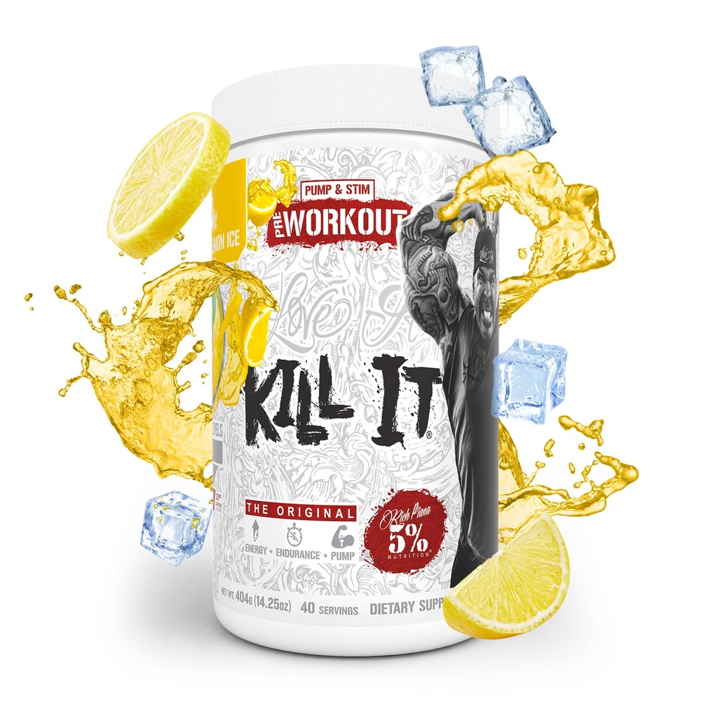 5% Nutrition Rich Piana Kill It Pre Workout Powder w/Creatine, Caffeine, Beta Alanine, Hydroprime Glycerol for Pump, Strength, Endurance | 20/40 Srvgs (40 Servings, Italian Lemon Ice)
