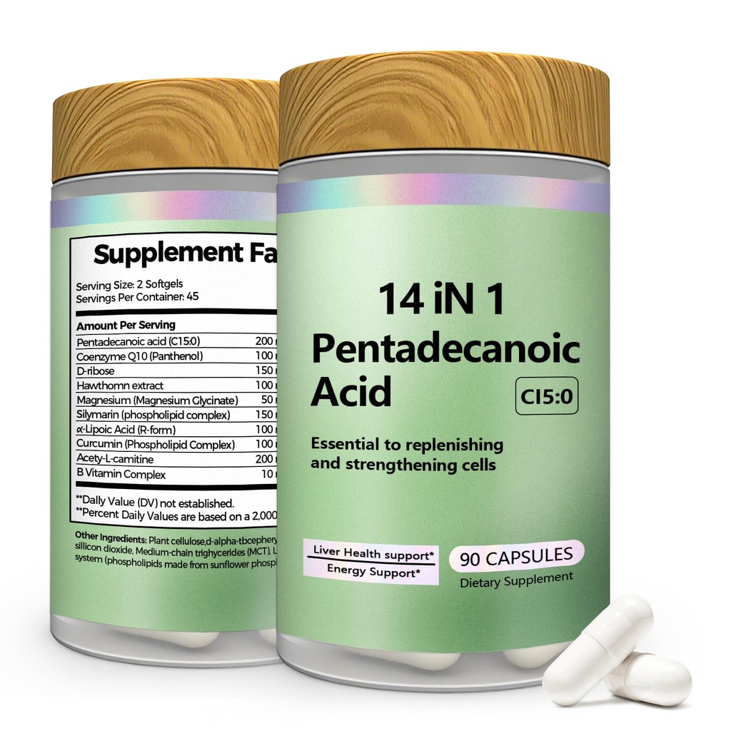 Pentadecanoic Acid Liposome Supplement, C15:0 Supplement Cellular Membrane Support with L-Carnitine & Ubiquinol CoQ10-90 Capsules
