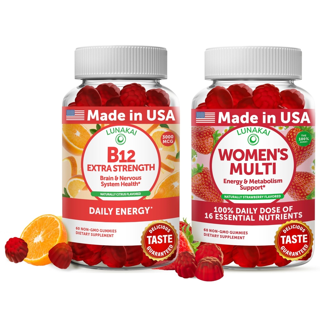 Lunakai Vitamin B12 og kvinders Multivitamin Gummies Bundle - 3000mcg Methylcobalamin High Absorption Energy Gummy - 100% daglig værdi af 16 essentielle vitaminer og mineraler supplement - 30 dages forsyning