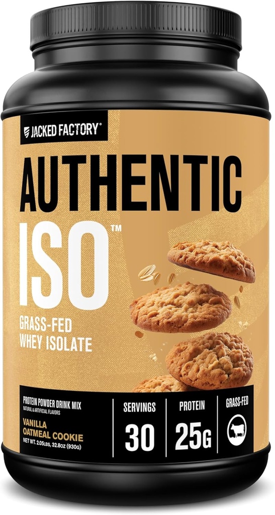 Jacked Factory Authentic ISO Grass Fed Whey Protein Isolate Powder - Low Carb, Non- GMO Muscle Building Protein w / No Fillers, Post Workout Inddrivelse, Vanilla Havregryn Cookie