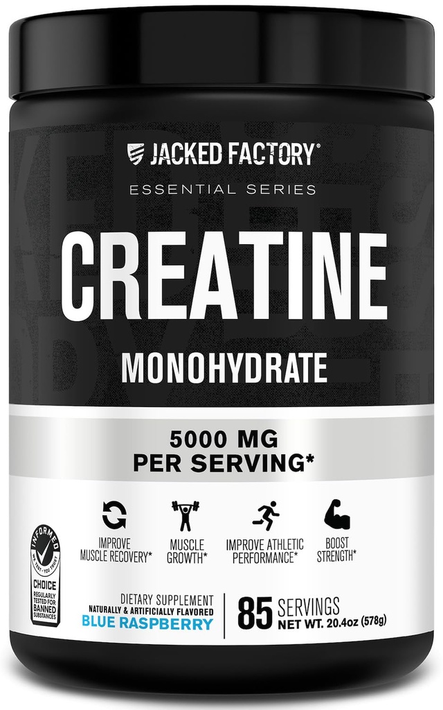 Jacked Factory Creatine Monohydrate Powder 20.4 oz (578g) - 5g Daily Creatine Supplement for Men and Women, Vegan-Friendly, Third-Party Tested - 85 Servings, Blue Raspberry
