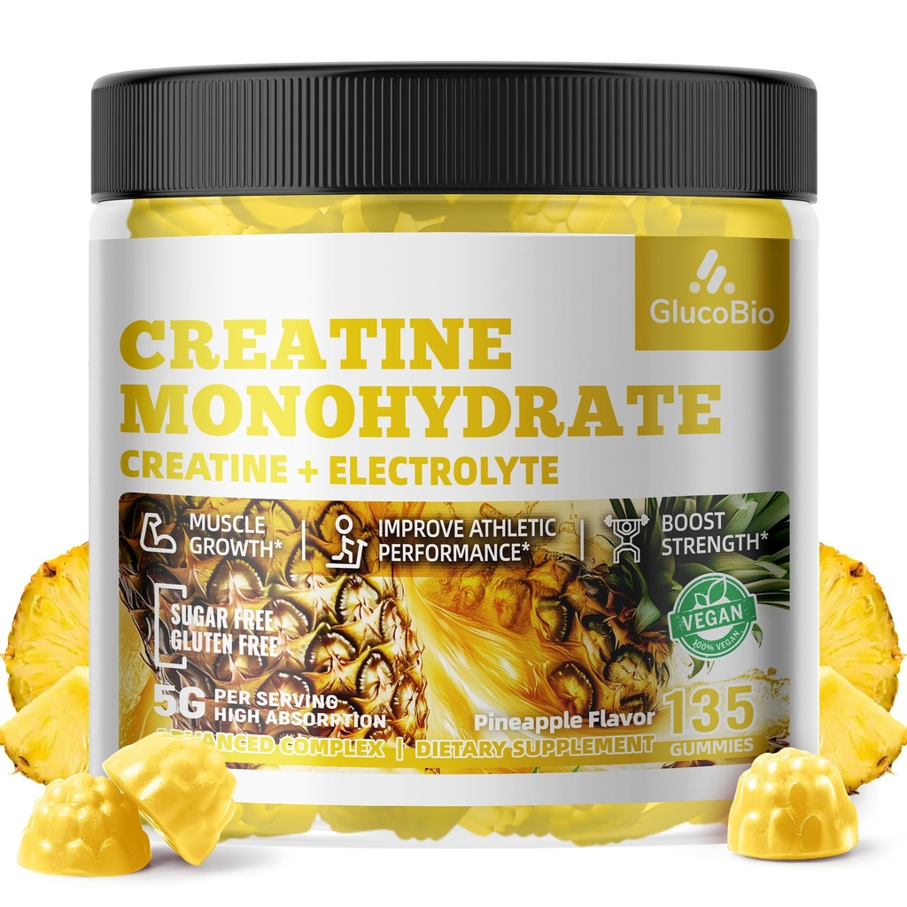 Creatine Monohydrate Gummies (5g) – Pre-Workout Energy & Muscle Growth Support for Men & Women | Pineapple Electrolyte Gummies (135 Count)