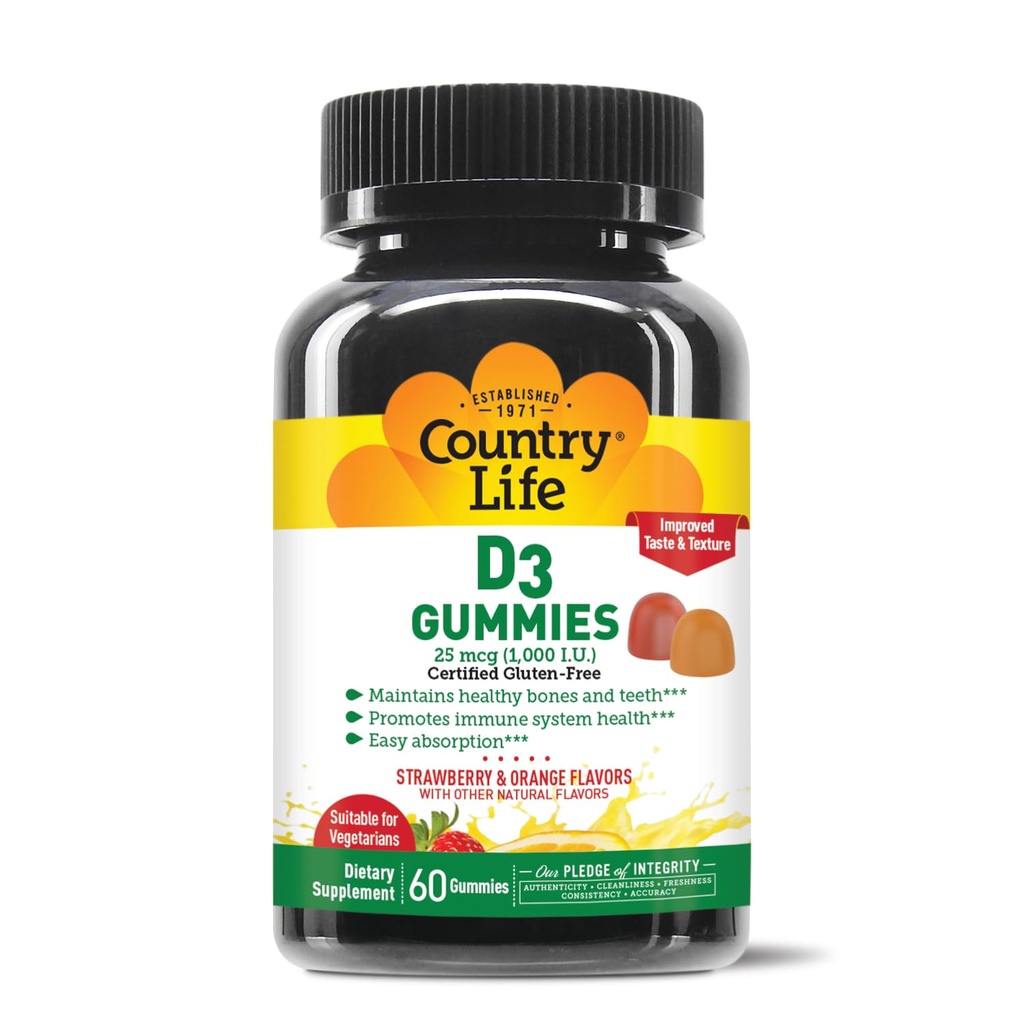 Country Life Vitamin D3 Gummies - 1000 IE Cholecalciferol, 60 Greve - Understøtter Bone & immunforsvar - Vegetarisk, Gluten- fri, Jordbær & Orange Flavors - Pectin- baseret, Ingen kunstige sødestoffer