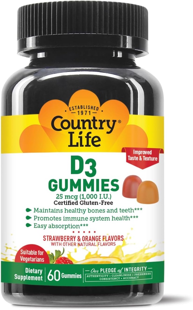 Country Life Vitamin D3 Gummies - 1000 IE Cholecalciferol, 60 Greve - Understøtter Bone & immunforsvar - Vegetarisk, Gluten- fri, Jordbær & Orange Flavors - Pectin- baseret, Ingen kunstige sødestoffer