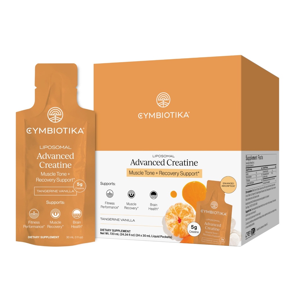 CYMBIOTIKA Liposomal Advanced Creatine Supplement, Muscle Recovery, Fitness Performance, Brain Health, Enhanced Absorption, Gluten Free, Soy Free, 5g (5000mg) per Serving, 24 x 30 mL Liquid Packets