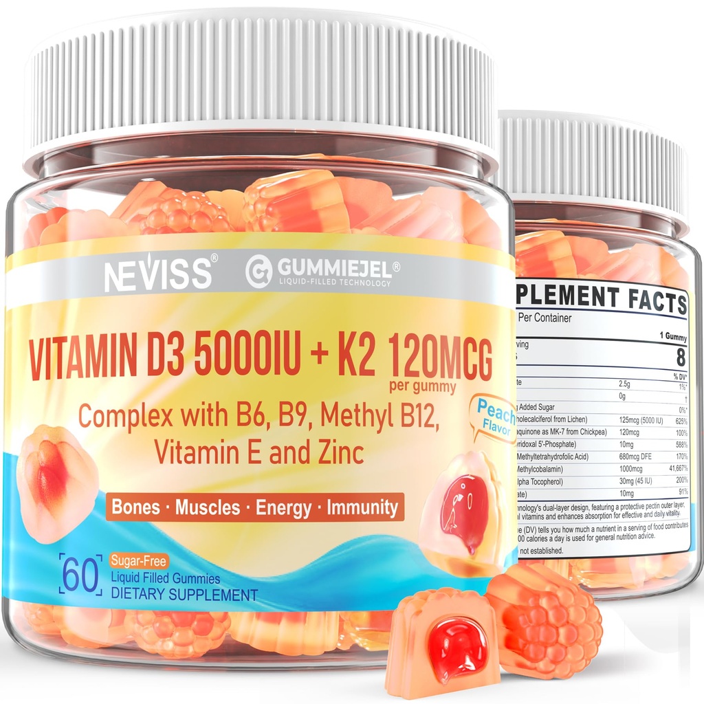 D3 5000IE + K2 (MK- 7) 120mcg, Sugar- Free Vitamin D3 K2 Fyldte gummier med vitamin B Complex - Methyl B12, B9, B6 B6 124; E-vitamin & Zink, MCT Oil - Understøtter ben & tænder Styrke, immun, 2PACK