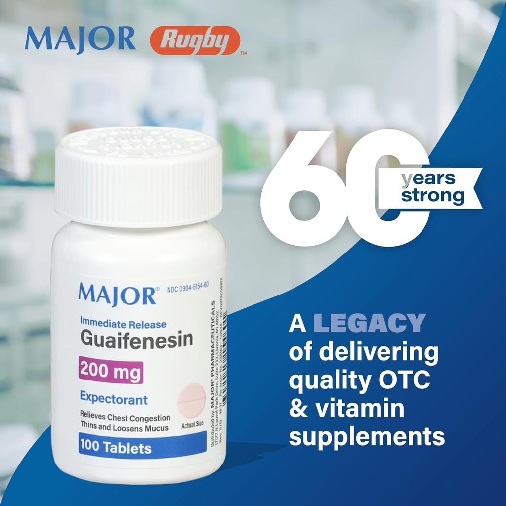 Guaifenesin - Relieves Chest Congestion, Thins and Loosens Mucus - 200 mg - 100 tabletter