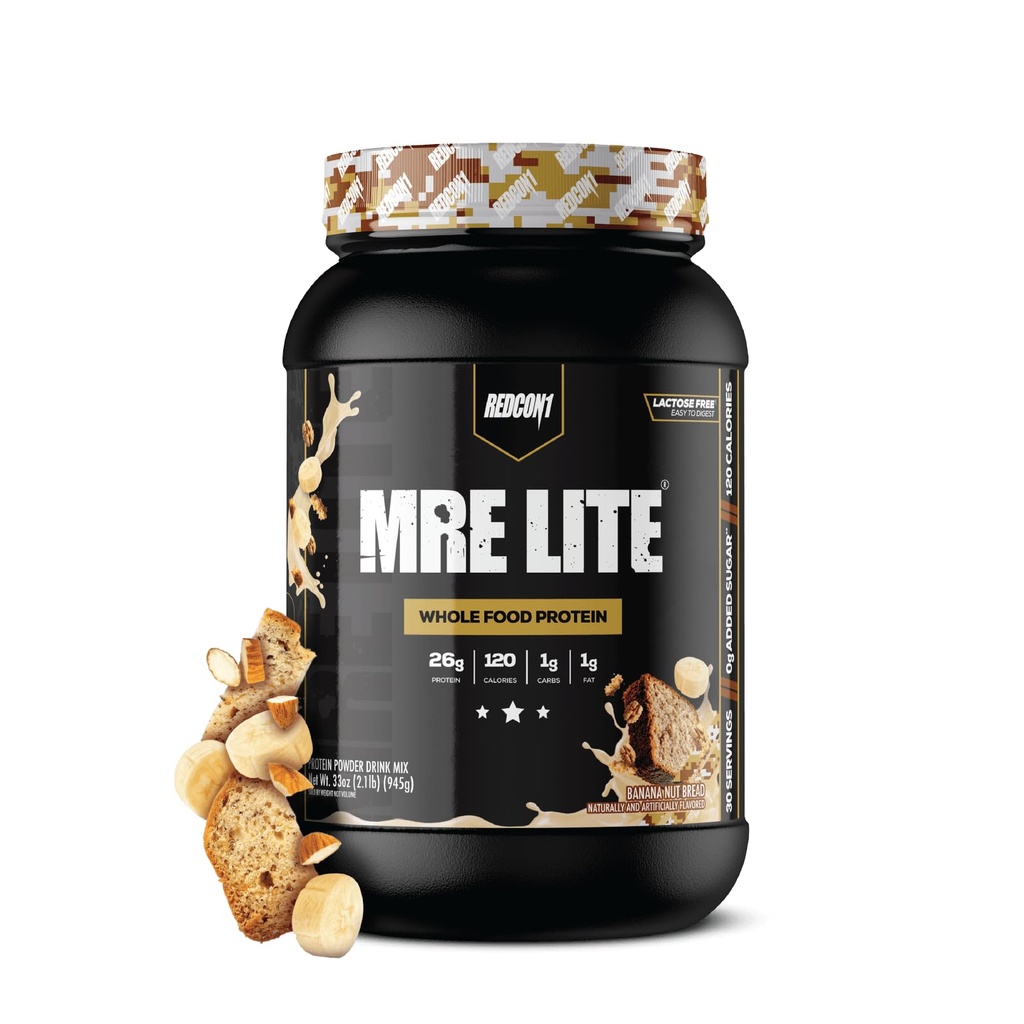 REDCON1 MRE Lite Hel Food Protein Powder, Banan Nut Brød - Low Carb & Whey Free Meal Erstatning med Animal Protein Blends - Nem til det største tillæg Lavet med MCT olier (30 Servere)